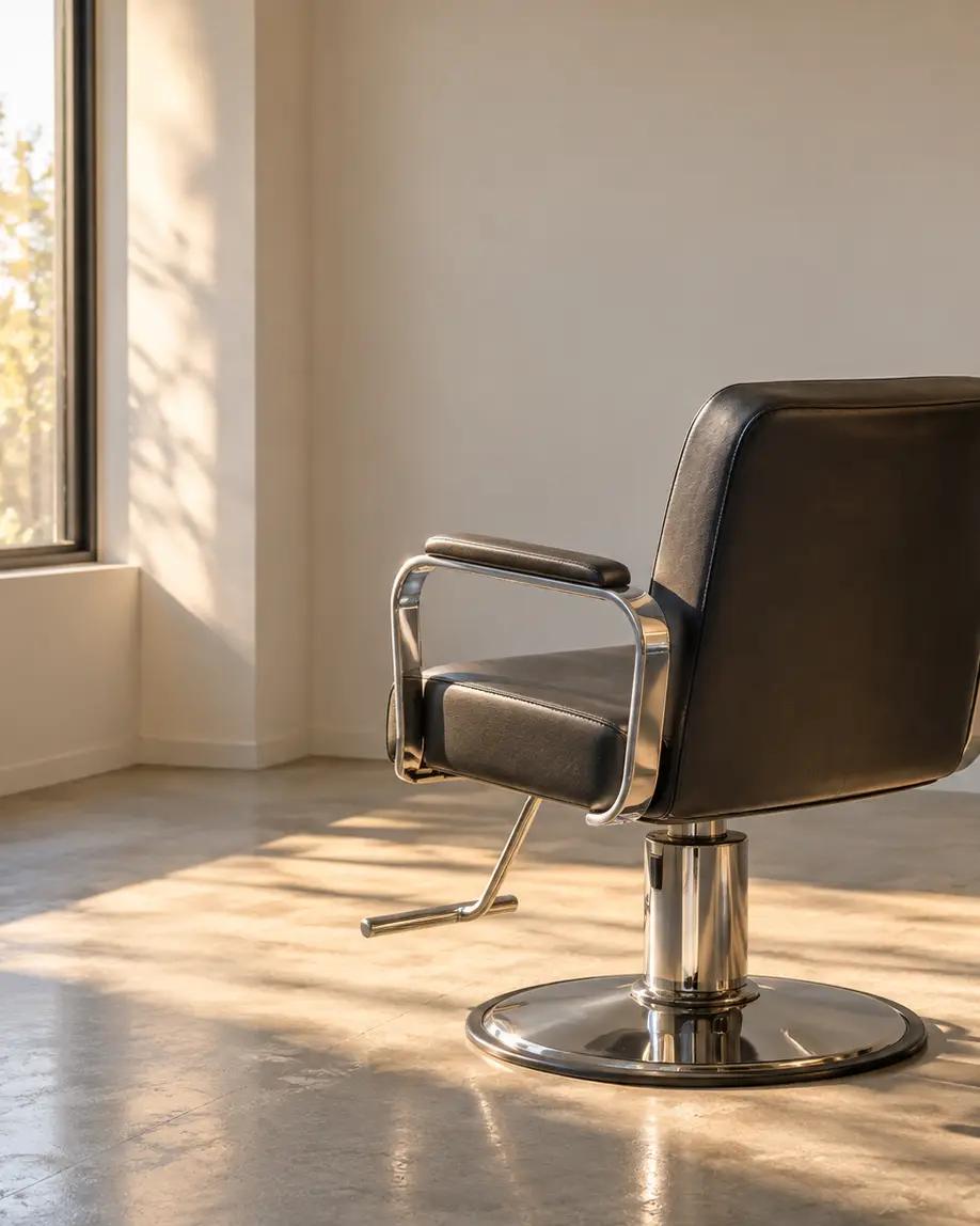 A single salon chair turned towards a window, empty, in warm daylight.